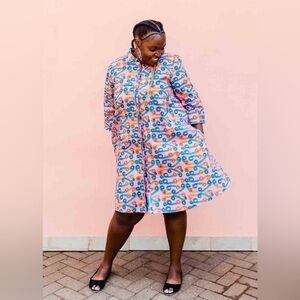 Zuri Fiddlesticks 3/4 Sleeve Kenya Dress Cotton Trapeze Pink Blue 2X Long